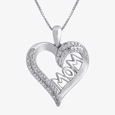 Fine Jewelry 1/10 Ct.t.w. Natural Diamond "mom" Heart Necklace In Sterling Silver" In Transparent