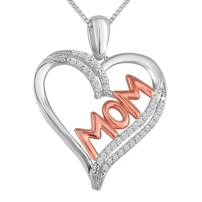Fine Jewelry 1/10 Ct.t.w. Natural Diamond "mom" Heart Necklace In Sterling Silver With 14k Rose Gold Accent" In Transparent