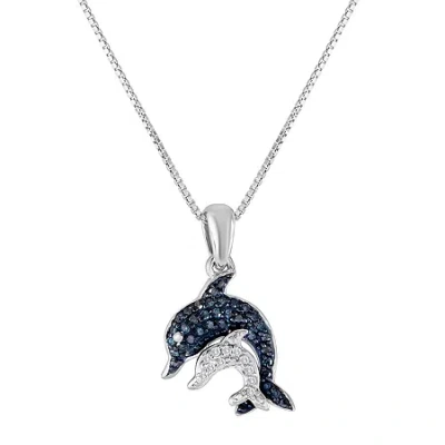 Fine Jewelry 1/10 Ct.t.w. Natural Diamond Sterling Silver Dolphin Pendant Necklace In Transparent