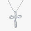 Fine Jewelry 1/10 Ct.t.w. Natural Diamond Sterling Silver Ribbon-style Cross Pendant Necklace In Transparent