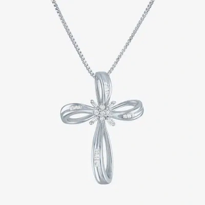 Fine Jewelry 1/10 Ct.t.w. Natural Diamond Sterling Silver Ribbon-style Cross Pendant Necklace In Transparent