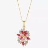 Fine Jewelry 14k Gold Over Silver Lab-created Gemstone Flower Pendant Necklace In Red