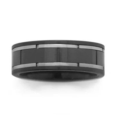 Fine Jewelry Black Ceramic & Brushed Stainless Steel Inlay Band