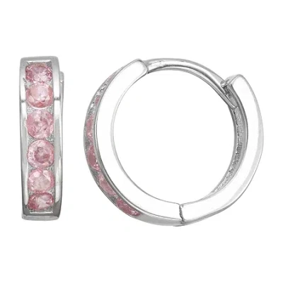 Fine Jewelry Kids' Children's Girls Pink Cubic Zirconia Sterling Silver 12mm Hoop Earrings In Transparent