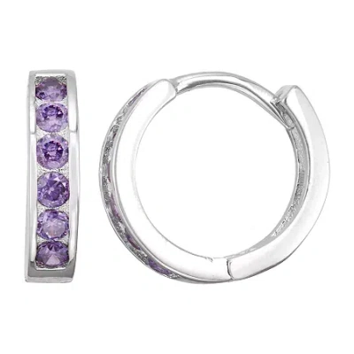 Fine Jewelry Kids' Children's Girls Purple Cubic Zirconia Sterling Silver 12mm Hoop Earrings In Transparent