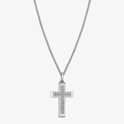 Fine Jewelry Cross (f,si2) Mens 5/8 Ct. Lab Grown White Diamond Stainless Steel Cross 24 Inch Pendant Necklace In Silver