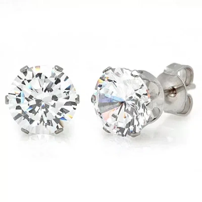 Fine Jewelry Cubic Zirconia Stainless Steel 8mm Stud Earrings In Transparent