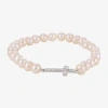 Fine Jewelry Cultured Freshwater Pearl & Crystal Sideways Cross Stretch Bracelet In Transparent