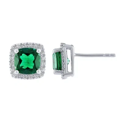 Fine Jewelry Cushion Lab-created Emerald White Sapphire Sterling Silver Stud Earrings In Transparent