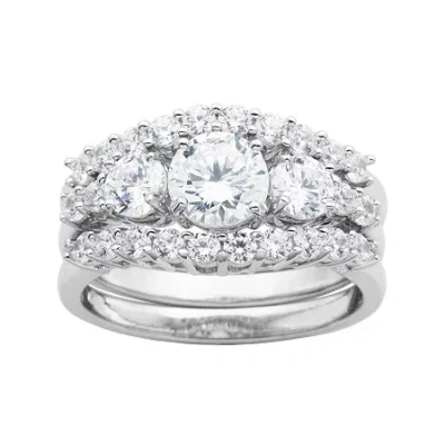 Fine Jewelry Diamonart Cubic Zirconia Sterling Silver 3-stone Bridal Ring Set In Metallic