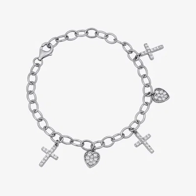 Fine Jewelry Diamonart Womens Cubic Zirconia Sterling Silver Cross Heart Charm Bracelet In Transparent
