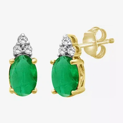 Fine Jewelry Diamond Accent Gemstone 10k Gold 8.9mm Oval Stud Earrings In Green