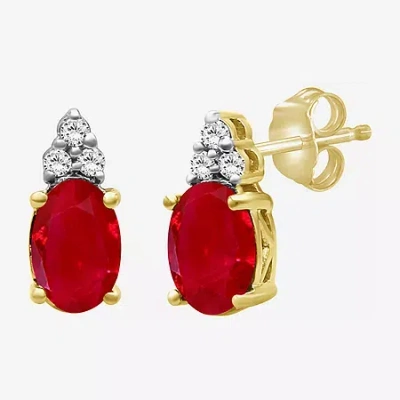 Fine Jewelry Diamond Accent Gemstone 10k Gold 8.9mm Oval Stud Earrings In Red