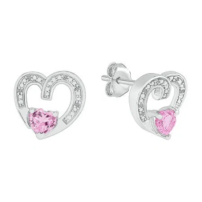 Fine Jewelry Diamond Accent Lab Created Pink Sapphire Sterling Silver 11mm Heart Stud Earrings In Transparent