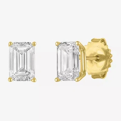 Fine Jewelry ( Ef/si1-si2 ) 2 Ct. T.w. Lab-grown Diamond 14k Gold 7.3mm Emerald Stud Earrings In Yellow