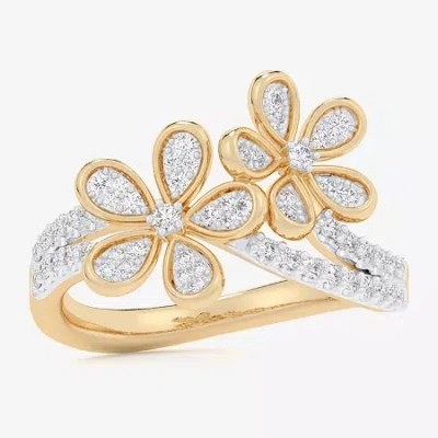 Fine Jewelry (g-h / Si1-si2) Womens 1/3 Ct. T.w. Lab Grown White Diamond 10k Gold Flower Bypass Cocktail Ring In Transparent
