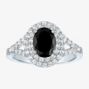 Fine Jewelry Gemstone And Lab-created White Sapphire Sterling Silver Oval Double Halo Cocktail Ring In Black