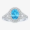 Fine Jewelry Gemstone And Lab-created White Sapphire Sterling Silver Oval Double Halo Cocktail Ring In Blue