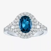 Fine Jewelry Gemstone And Lab-created White Sapphire Sterling Silver Oval Double Halo Cocktail Ring In Blue