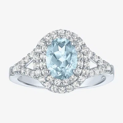 Fine Jewelry Gemstone And Lab-created White Sapphire Sterling Silver Oval Double Halo Cocktail Ring In Blue
