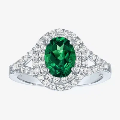 Fine Jewelry Gemstone And Lab-created White Sapphire Sterling Silver Oval Double Halo Cocktail Ring In Green