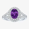 Fine Jewelry Gemstone And Lab-created White Sapphire Sterling Silver Oval Double Halo Cocktail Ring In Purple
