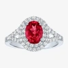 Fine Jewelry Gemstone And Lab-created White Sapphire Sterling Silver Oval Double Halo Cocktail Ring In Red