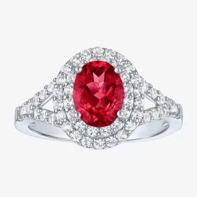 Fine Jewelry Gemstone And Lab-created White Sapphire Sterling Silver Oval Double Halo Cocktail Ring In Red