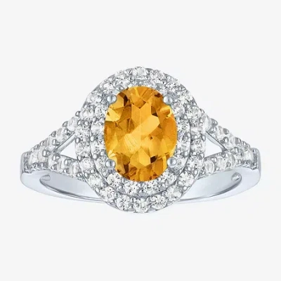 Fine Jewelry Gemstone And Lab-created White Sapphire Sterling Silver Oval Double Halo Cocktail Ring In Yellow