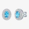 Fine Jewelry Gemstone & Lab-created White Sapphire Sterling Silver Oval Double Halo Stud Earrings In Blue