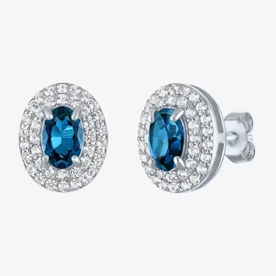 Fine Jewelry Gemstone & Lab-created White Sapphire Sterling Silver Oval Double Halo Stud Earrings In Blue