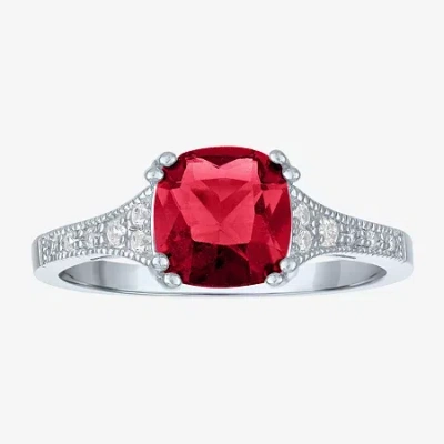 Fine Jewelry Gemstone Sterling Silver Cushion Cocktail Ring In Red