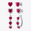 Fine Jewelry Gemstone Sterling Silver Heart 3 Pair Earring Set In Red