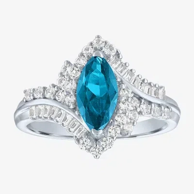 Fine Jewelry Gemstone Sterling Silver Marquise Halo Cocktail Ring In Blue