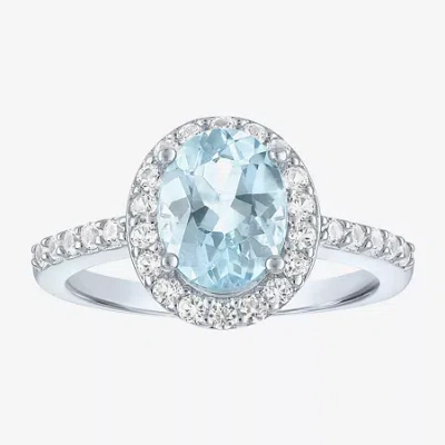 Fine Jewelry Gemstone Sterling Silver Oval Halo Side Stone Cocktail Ring In Blue