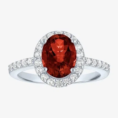 Fine Jewelry Gemstone Sterling Silver Oval Halo Side Stone Cocktail Ring In Burgundy