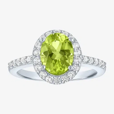 Fine Jewelry Gemstone Sterling Silver Oval Halo Side Stone Cocktail Ring In Green