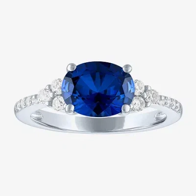 Fine Jewelry Gemstone Sterling Silver Oval Side Stone Cocktail Ring In Blue