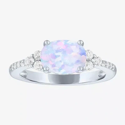 Fine Jewelry Gemstone Sterling Silver Oval Side Stone Cocktail Ring In White