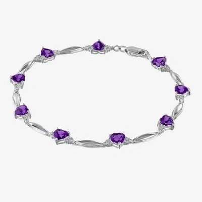 Fine Jewelry Genuine Amethyst & Diamond Accent Heart-shaped Sterling Silver Bracelet In Transparent
