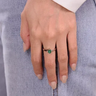 Fine Jewelry Genuine Emerald And Diamond-accent Sterling Silver Oval Ring In Green