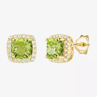 Fine Jewelry Genuine Green Peridot 14k Gold Over Silver 6.6mm Cushion Stud Earrings In Transparent