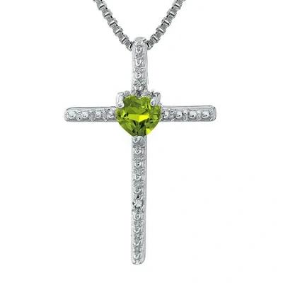 Fine Jewelry Genuine Peridot And Diamond-accent Sterling Silver Cross And Heart Pendant Necklace In Green