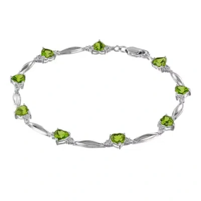 Fine Jewelry Genuine Peridot Heart-shaped Sterling Silver Bracelet In Transparent