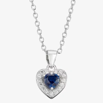 Fine Jewelry Kids' Girls Blue Cubic Zirconia Sterling Silver Heart 15 Inch Pendant Necklace In Metallic