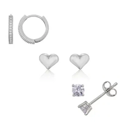 Fine Jewelry Kids' Girls Cubic Zirconia Sterling Silver Heart Earring Set In Transparent