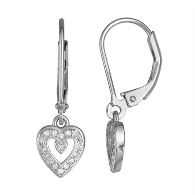 Fine Jewelry Kids' Girls Lab Created Cubic Zirconia Sterling Silver Heart Drop Earrings In Transparent