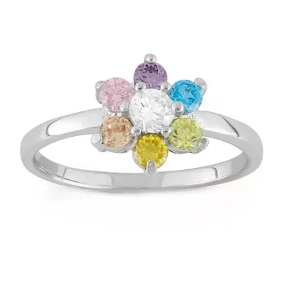 Fine Jewelry Kids' Girls Multi Color Cubic Zirconia Sterling Silver Flower Delicate Cocktail Ring In Metallic
