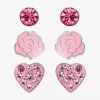 Fine Jewelry Girls Pink Crystal Sterling Silver Flower Heart Round 3 Pair Earring Set In Pink