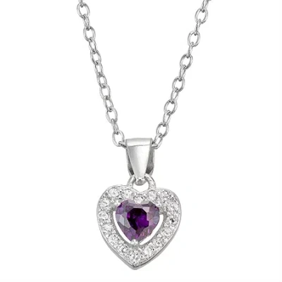 Fine Jewelry Kids' Girls Purple Cubic Zirconia Sterling Silver Heart 15 Inch Pendant Necklace In Metallic
